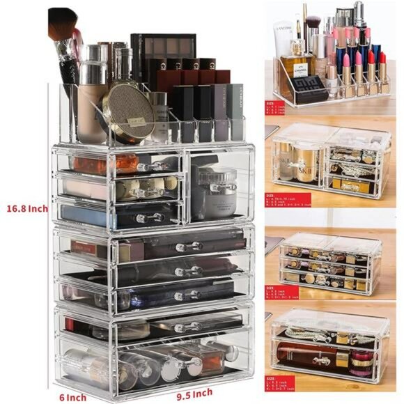 Clear Makeup Organizer Stackable 9 Drawer Vanity Storage for Skincare Jewelry - Picture 6 of 7
